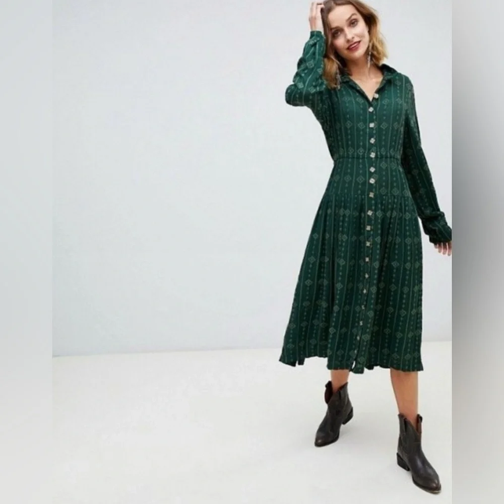 Free People Diamond Head Embroidered Dress, Green Large